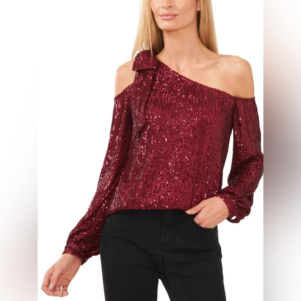 CeCe Size M Womens Top Sequin Dark Pink Cold Shoulder Bow On one Side Stretch